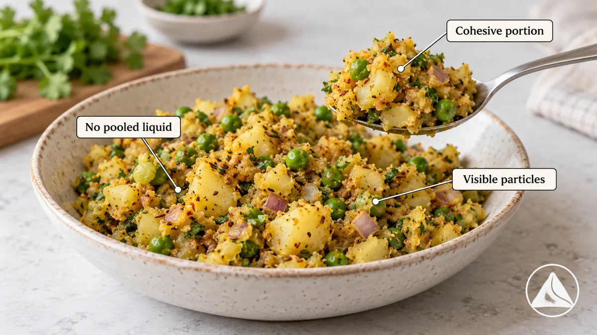 حشوة سمبوسة ذات قوام متماسك، قطع مكونات ظاهرة، جزء يحتفظ بشكله، وعدم وجود سائل متجمع قبل الحشو