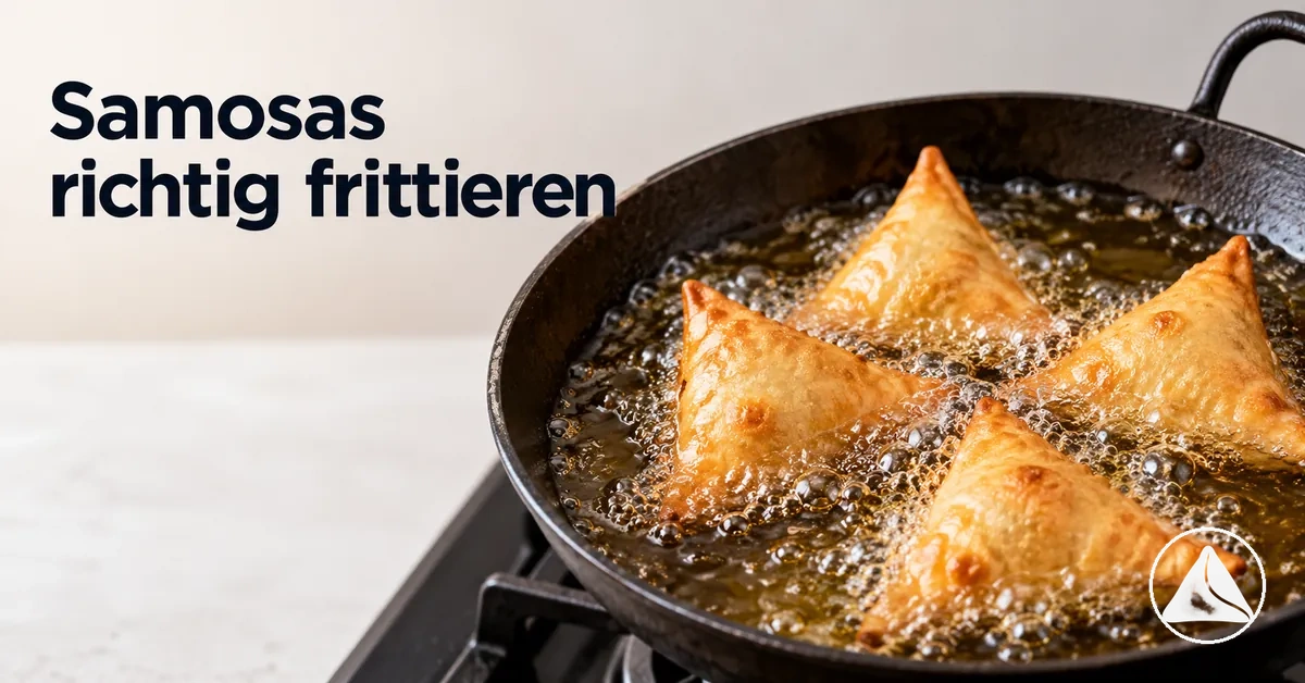 Samosas werden in heißem Öl gleichmäßig knusprig und goldbraun frittiert