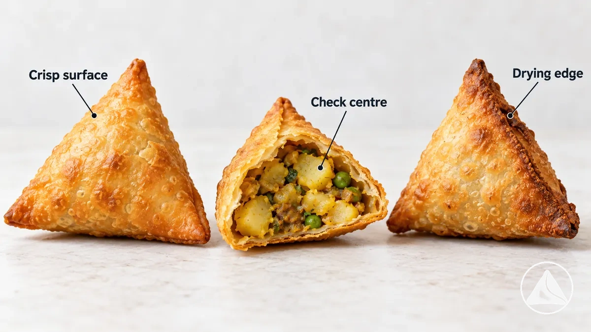 Aufgewärmte Samosas mit knusprigem Teig zur Beurteilung von Zeit- und Temperaturanpassungen