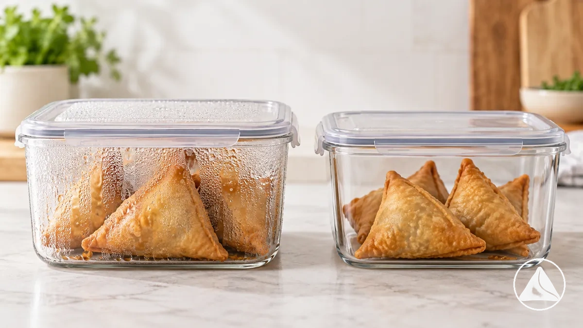 Warme Samosas in einem geschlossenen Behälter mit sichtbarem Kondenswasser im Vergleich zu abgekühlten, lagerbereiten Samosas