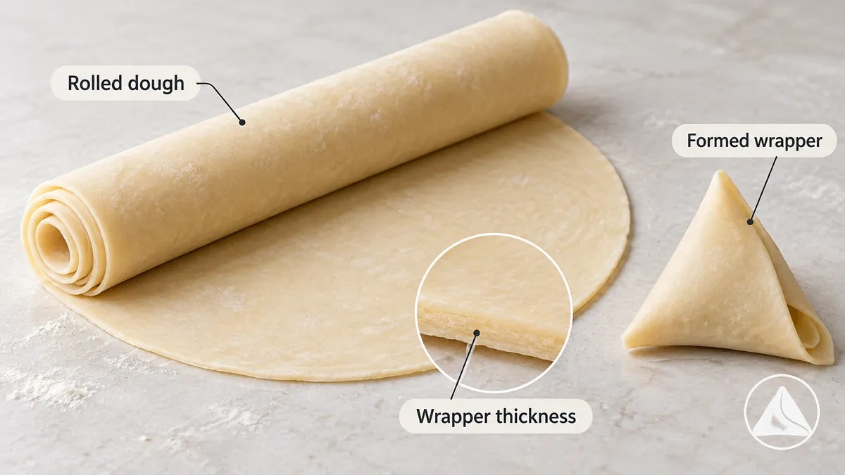 Ausgerollter Samosa-Teig mit sichtbarer Dicke der Hülle und verarbeitbarer Teigstruktur
