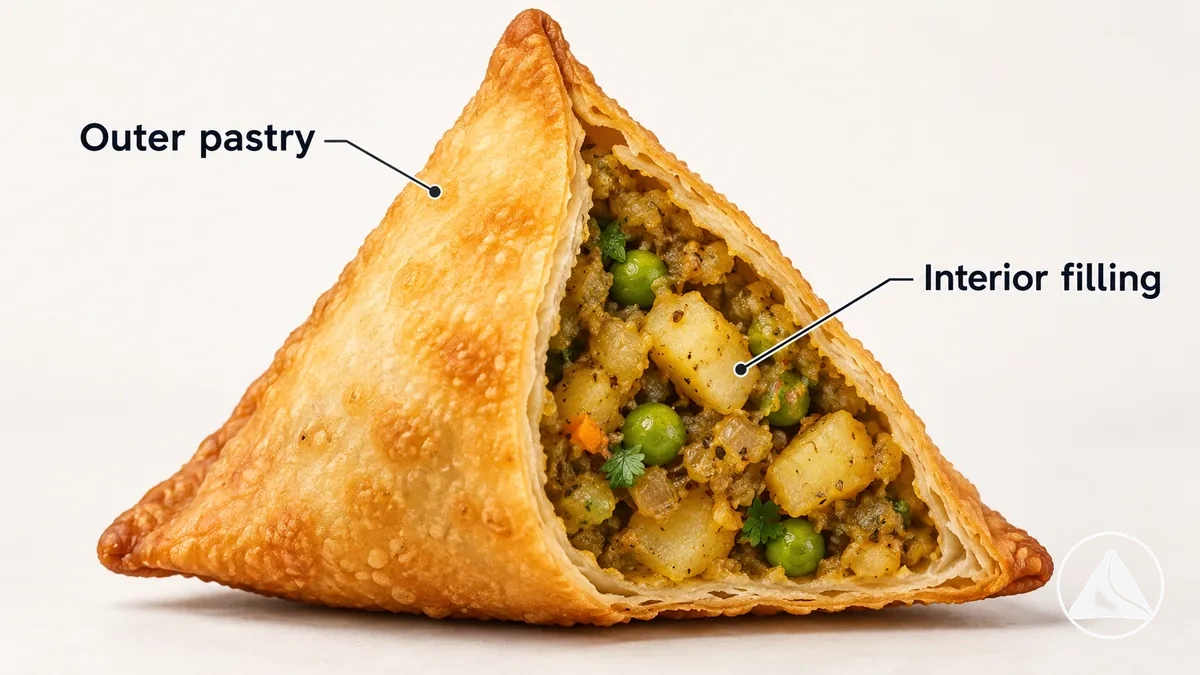 Schnittdarstellung einer Samosa mit äußerem Teig und innerer Füllung