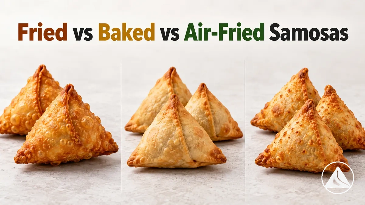Fried baked and air-fried samosas shown side by side