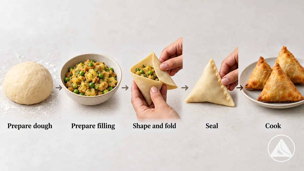 Step-by-step visual showing the main stages of making samosas from dough and filling to shaping, sealing, and cooking