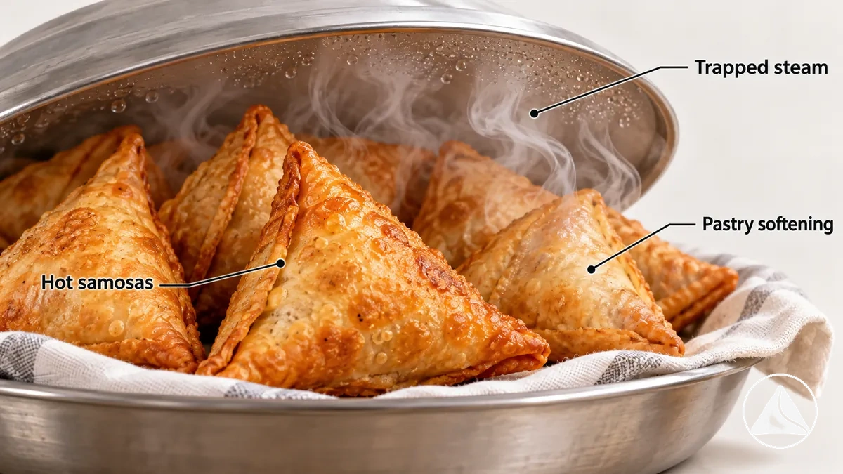 Hot samosas covered while steam is trapped around the pastry.