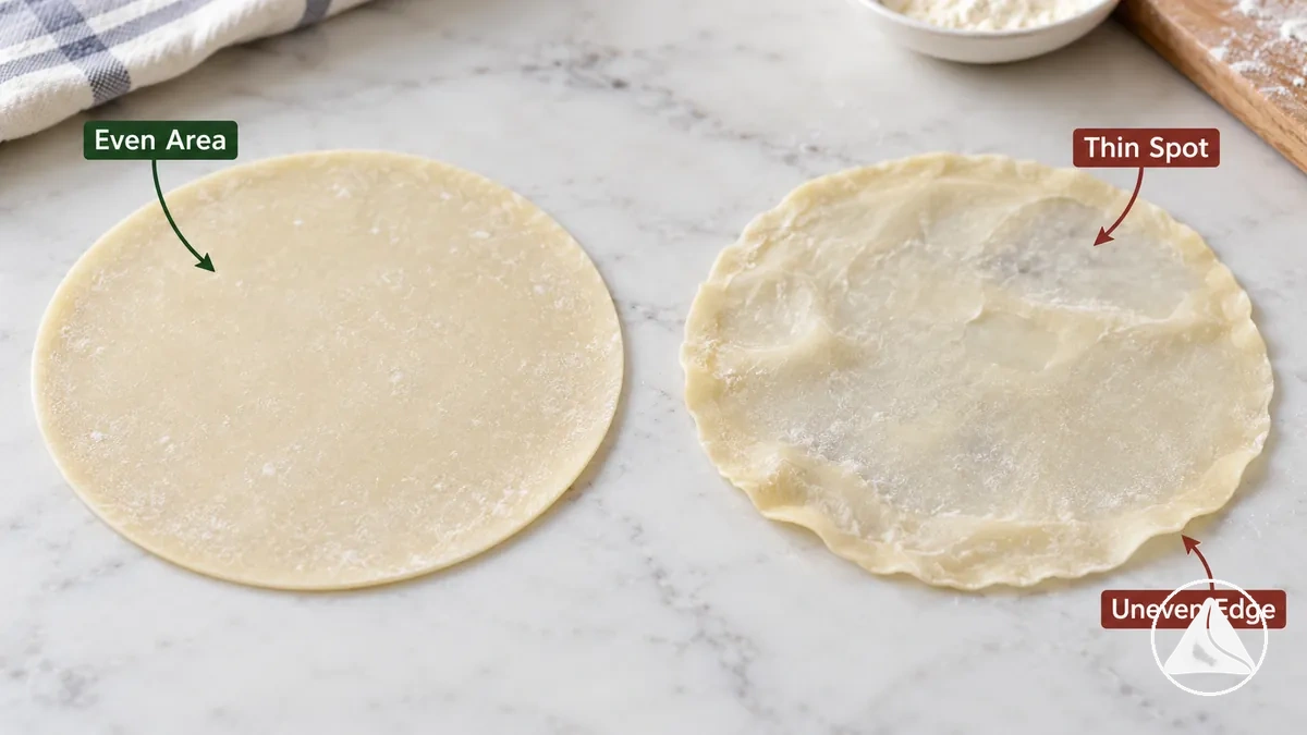 Samosa wrappers comparing reasonably even pastry with visible thin and uneven areas