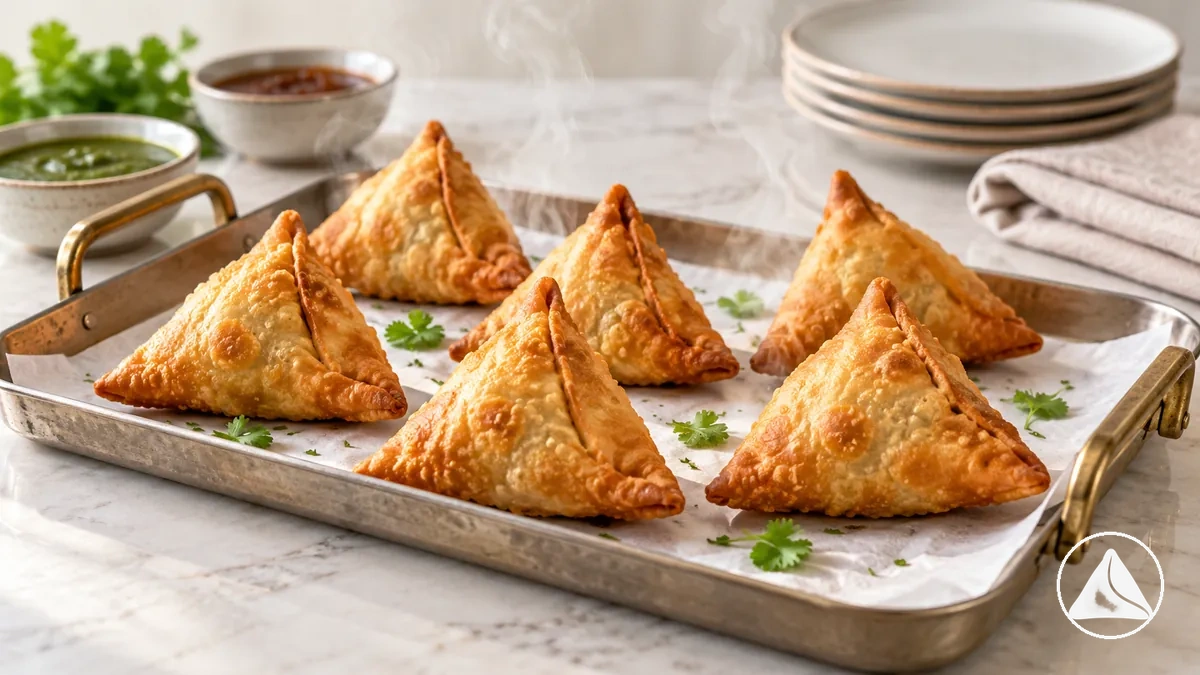 Cooked samosas spaced apart on an open serving tray during a short hold before serving