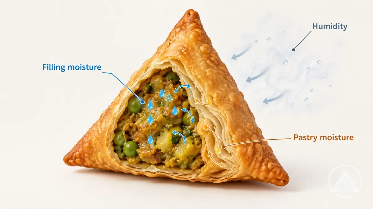 Cooked samosa showing filling moisture, pastry moisture and surrounding humidity around the outer shell