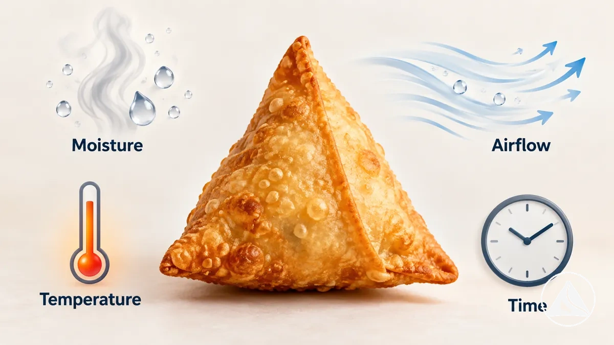 Cooked samosa surrounded by cues for moisture, airflow, temperature and holding time