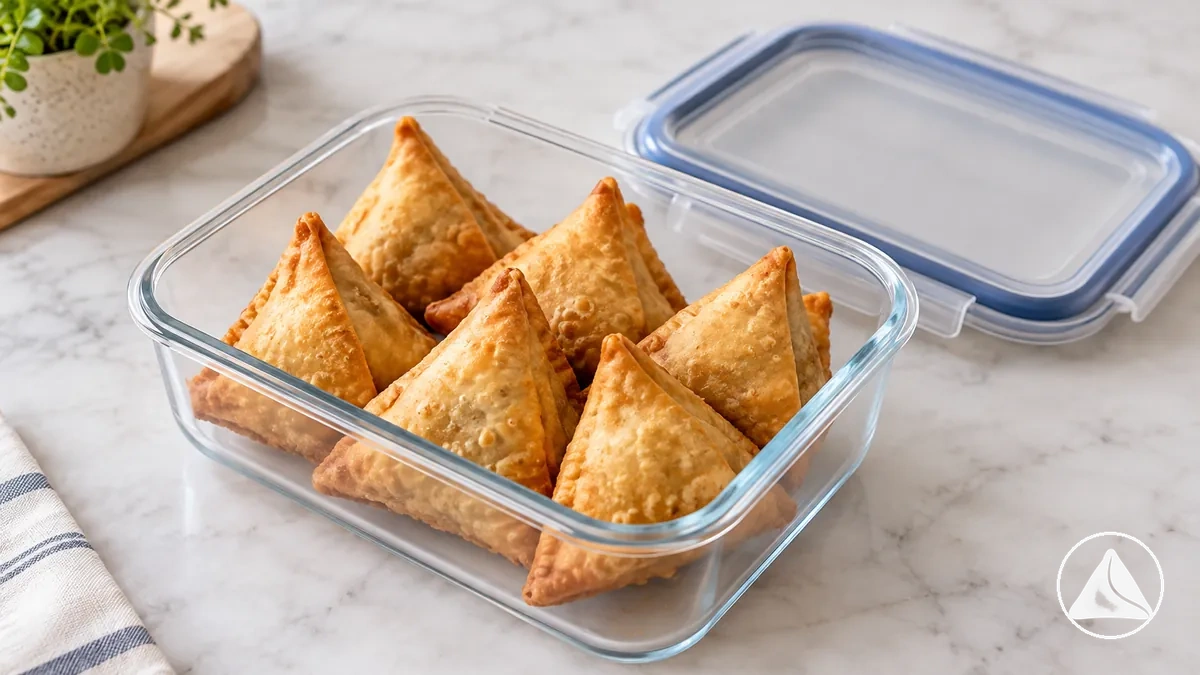 Cooled samosas arranged inside an airtight storage container after cooling