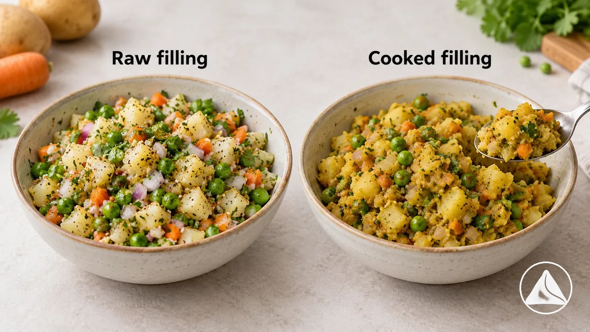 Side-by-side raw and cooked samosa filling illustrating differences in visible moisture and consistency before wrapping