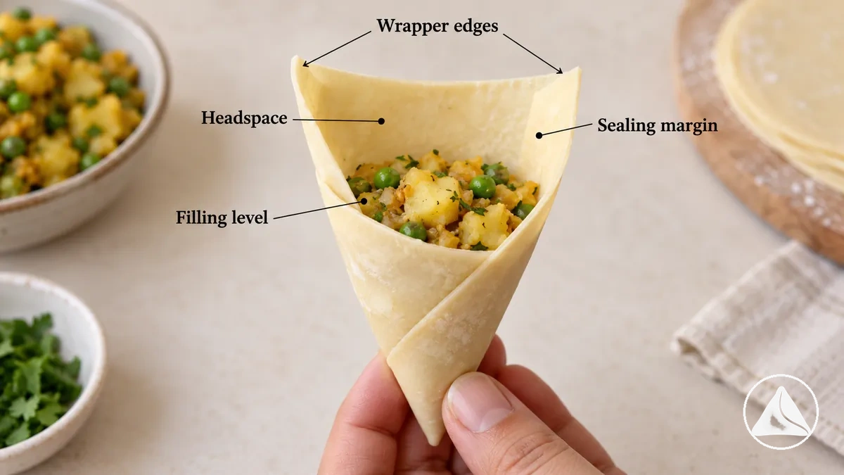 Open samosa cone with filling below the top edge, visible headspace, and enough free wrapper remaining for sealing