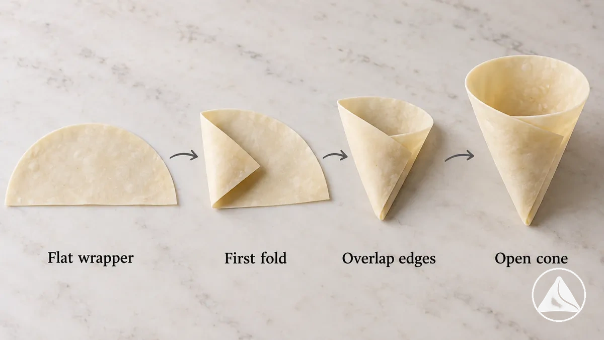 Step-by-step folding of a samosa wrapper into an open cone with overlapping edges and a closed pointed tip