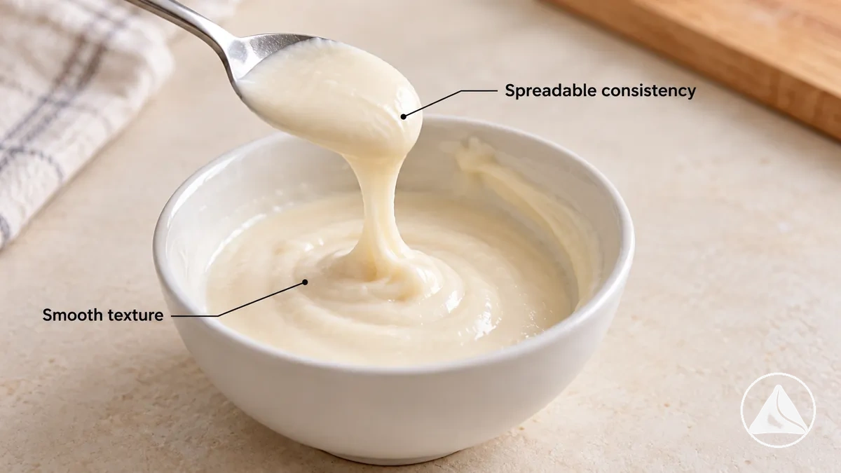 Smooth flour-and-water sealing paste in a small bowl with a spoon lifting a thin cohesive amount to show its spreadable consistency