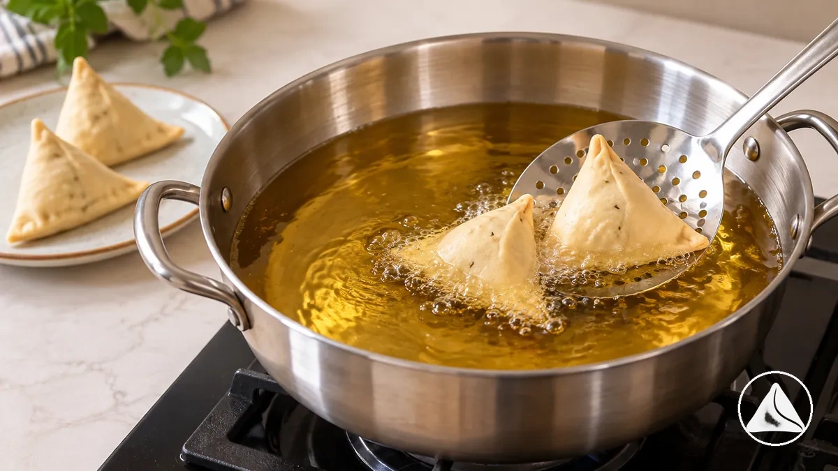 Clean deep-frying oil in a deep pan prepared for cooking samosas, with uncooked samosas nearby.
