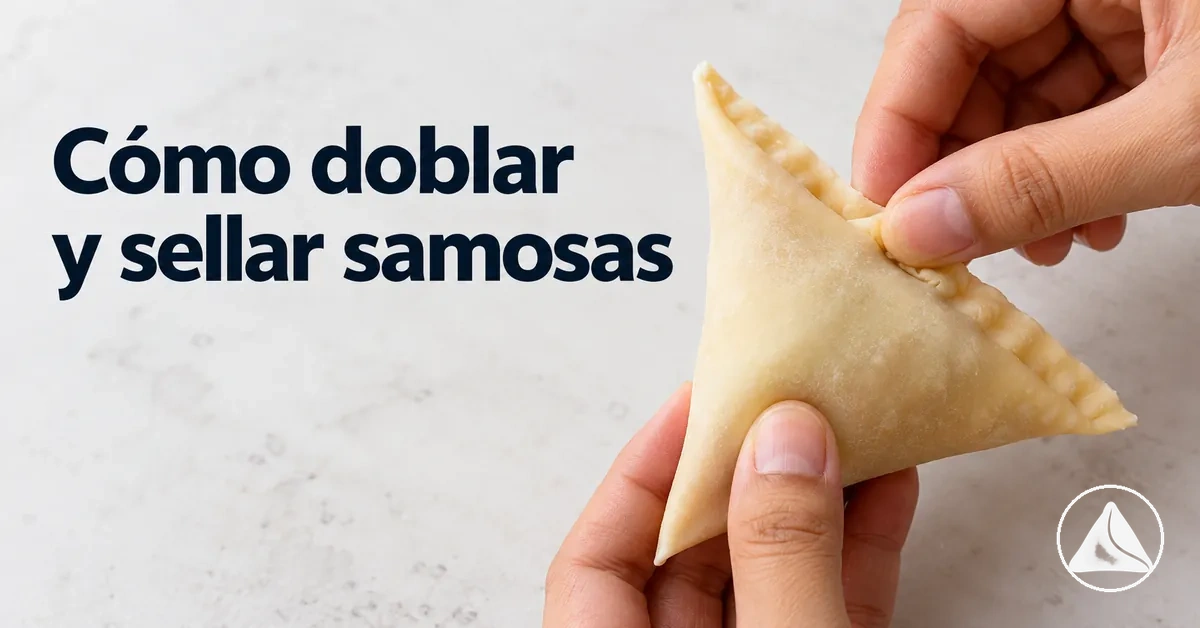 Masa de samosa doblándose y sellándose en forma triangular