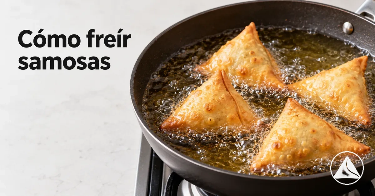 Samosas friéndose en aceite caliente hasta quedar crujientes y doradas de forma uniforme
