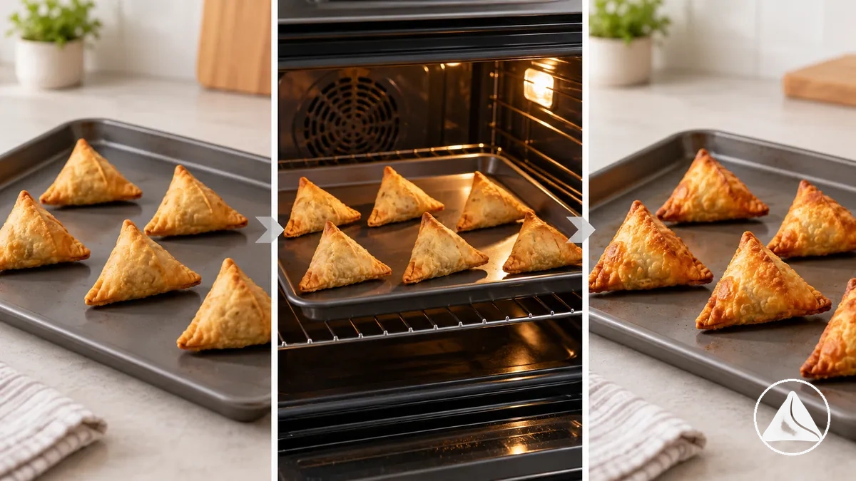 Samosas cocidas separadas en una bandeja para calentar en el horno