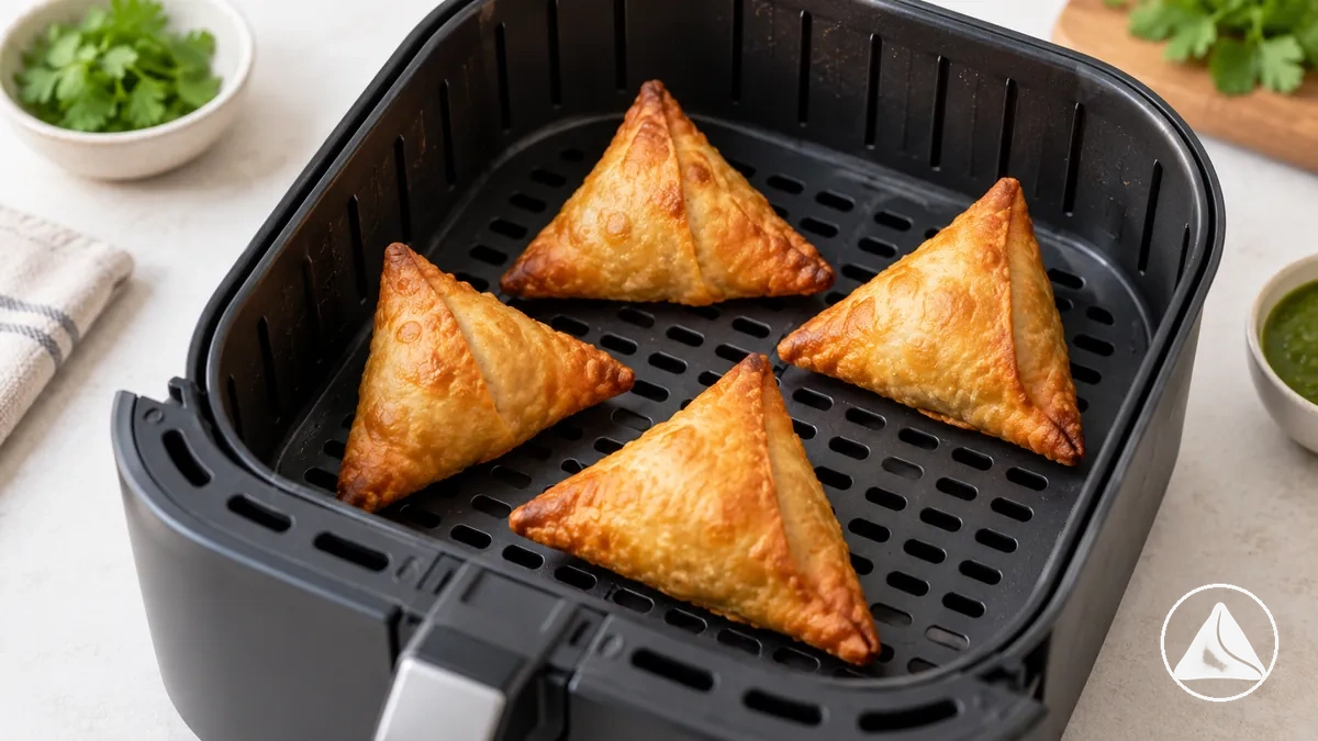 Samosas cocidas colocadas en una sola capa en la cesta de una freidora de aire para calentar
