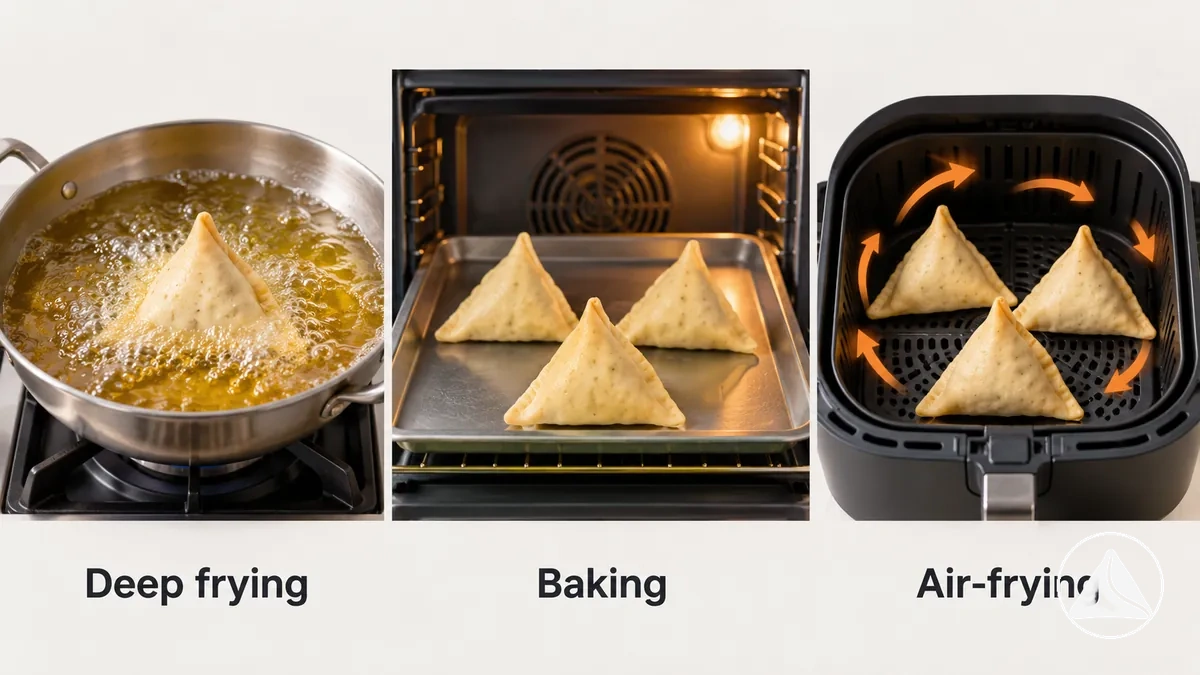 Comparación de los métodos de fritura por inmersión, horneado y freidora de aire para cocinar samosas