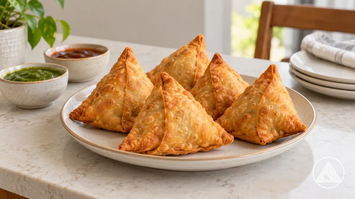 Samosas cocinadas mantenidas temporalmente a temperatura ambiente en un entorno interior normal antes de decidir su conservación