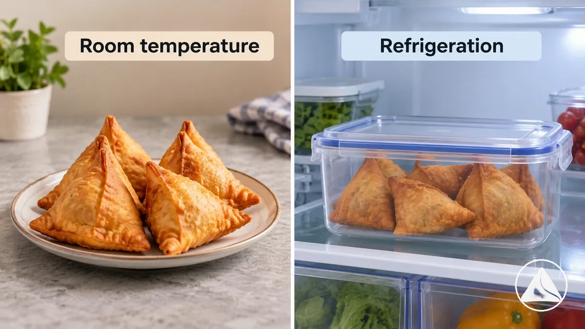Samosas cocinadas mantenidas a temperatura ambiente en comparación con samosas guardadas en un recipiente de nevera