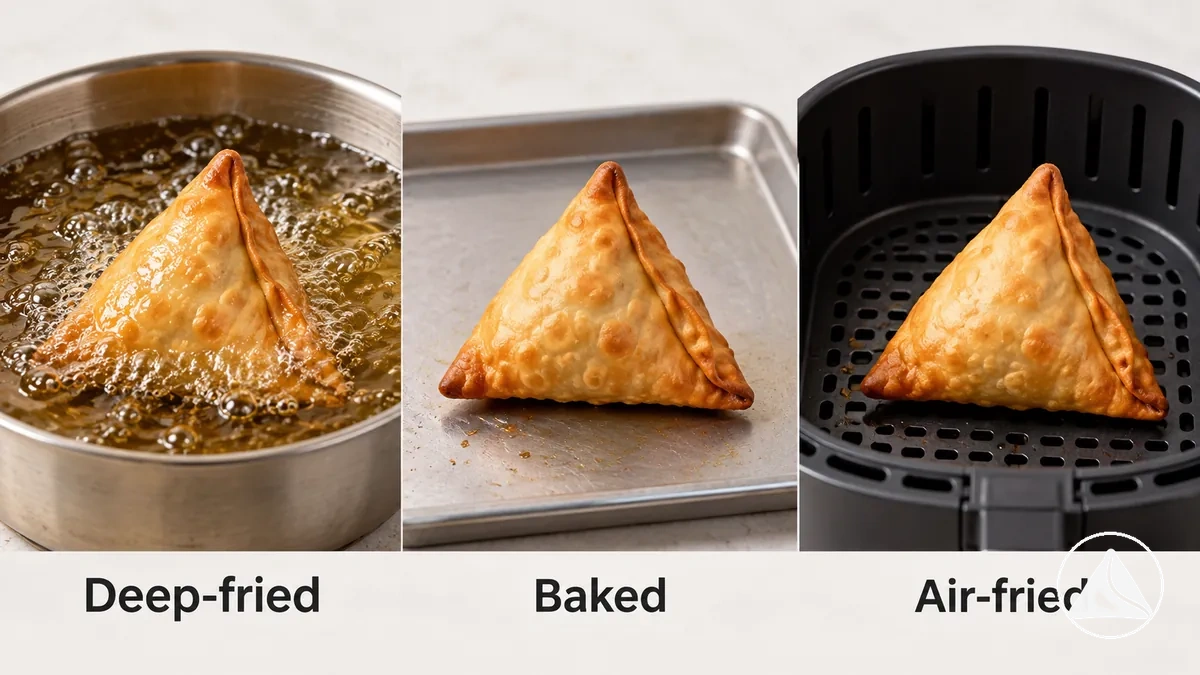 Ilustración que compara el contacto con el aceite en samosas fritas, horneadas y en freidora de aire