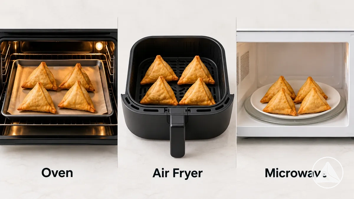 Comparación de los métodos de recalentado de samosas en horno, freidora de aire y microondas