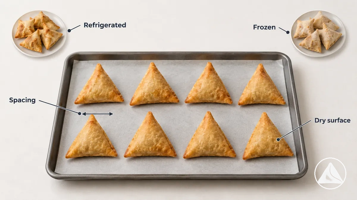Samosas sobrantes separadas y preparadas para un recalentado uniforme