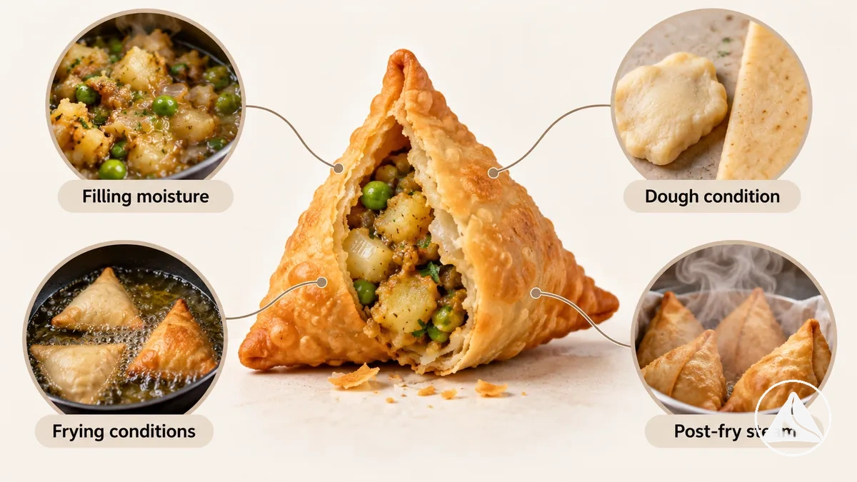 Samosa anotada que muestra la humedad del relleno, la masa, la fritura y el vapor atrapado como posibles factores que afectan al crujiente.
