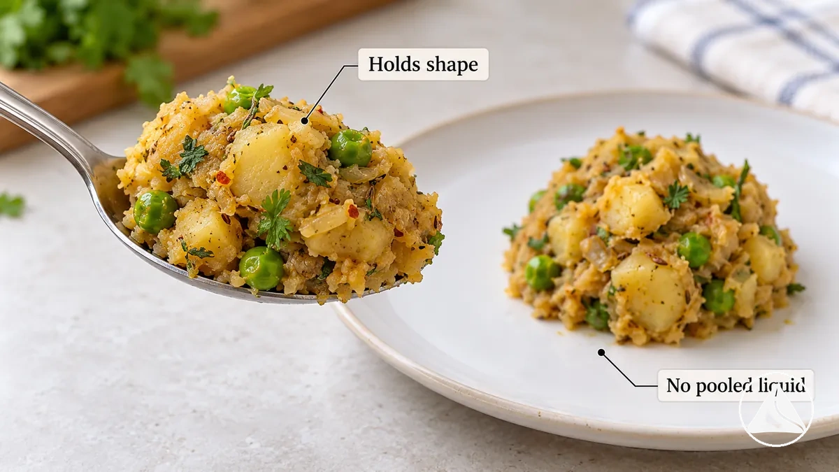 Relleno de samosa enfriado que mantiene su forma en una porción con cuchara, con mezcla estable y sin líquido nuevo visible tras reposar