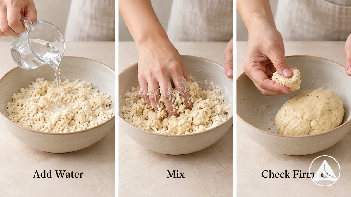 Petites quantités d’eau incorporées à la pâte à samosa jusqu’à obtenir une texture ferme et homogène.