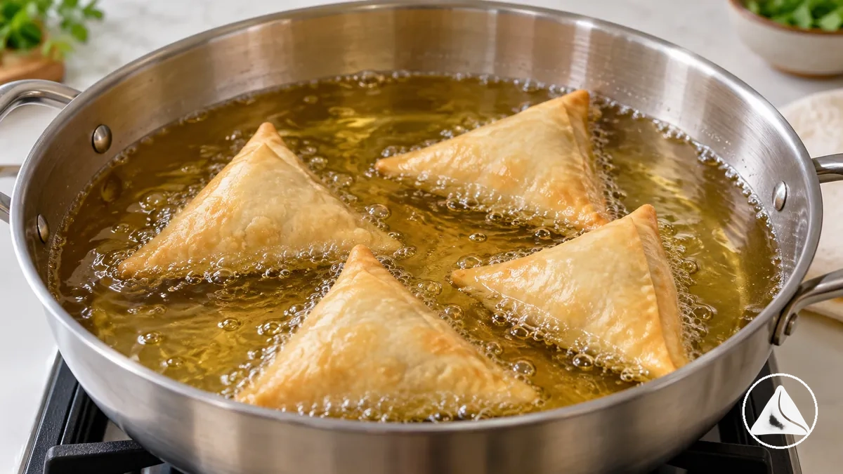 Samosas allant du pâle au doré clair en train de frire doucement avec des bulles régulières tandis que leur coque de pâte commence à durcir.