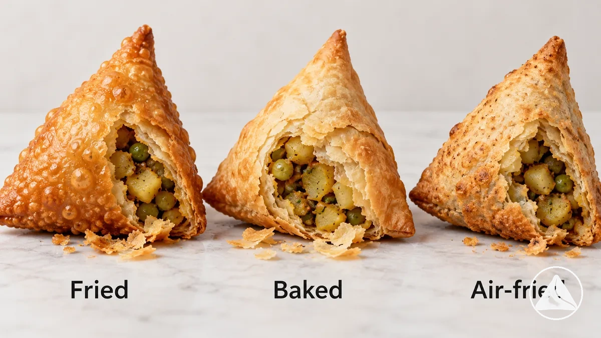 Comparaison en gros plan des textures de pâte de samosas frits, cuits au four ou à l’air fryer