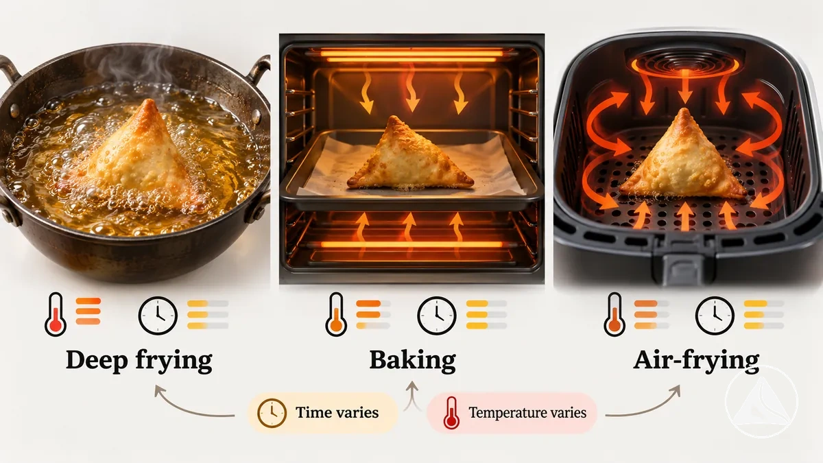 Diagramme comparant les environnements thermiques utilisés pour frire, cuire au four et cuire à l’air fryer des samosas