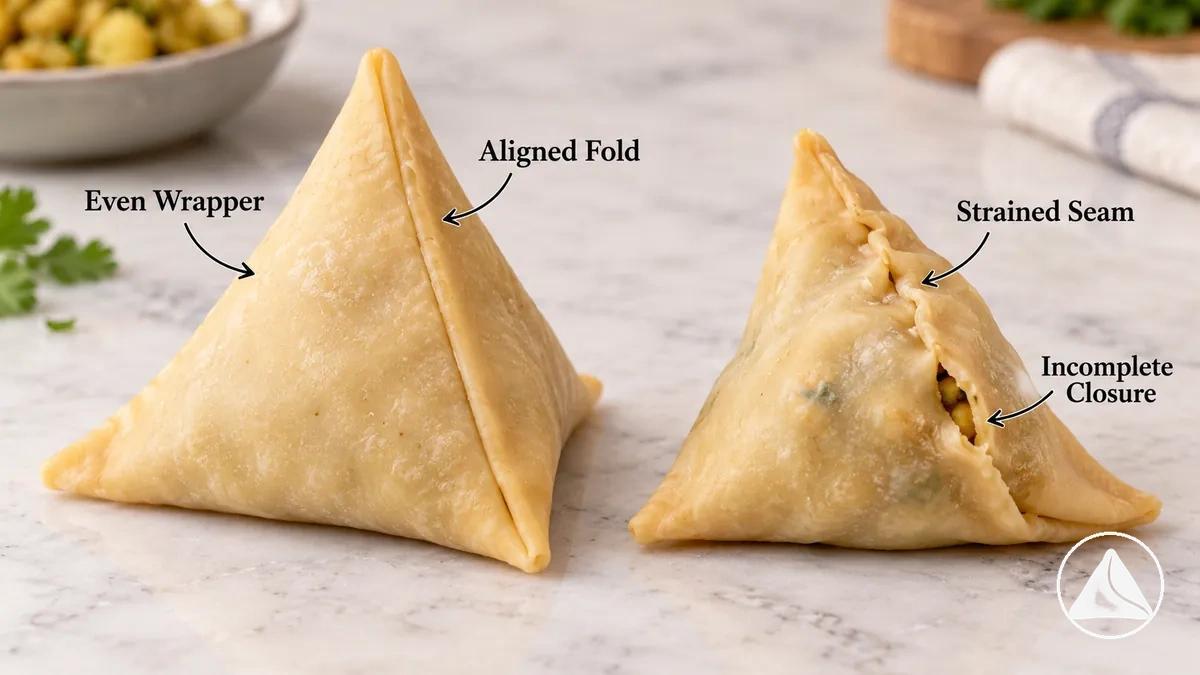 Enveloppes de samosa présentant un pliage et un scellage corrects à côté de soudures sous contrainte ou désalignées
