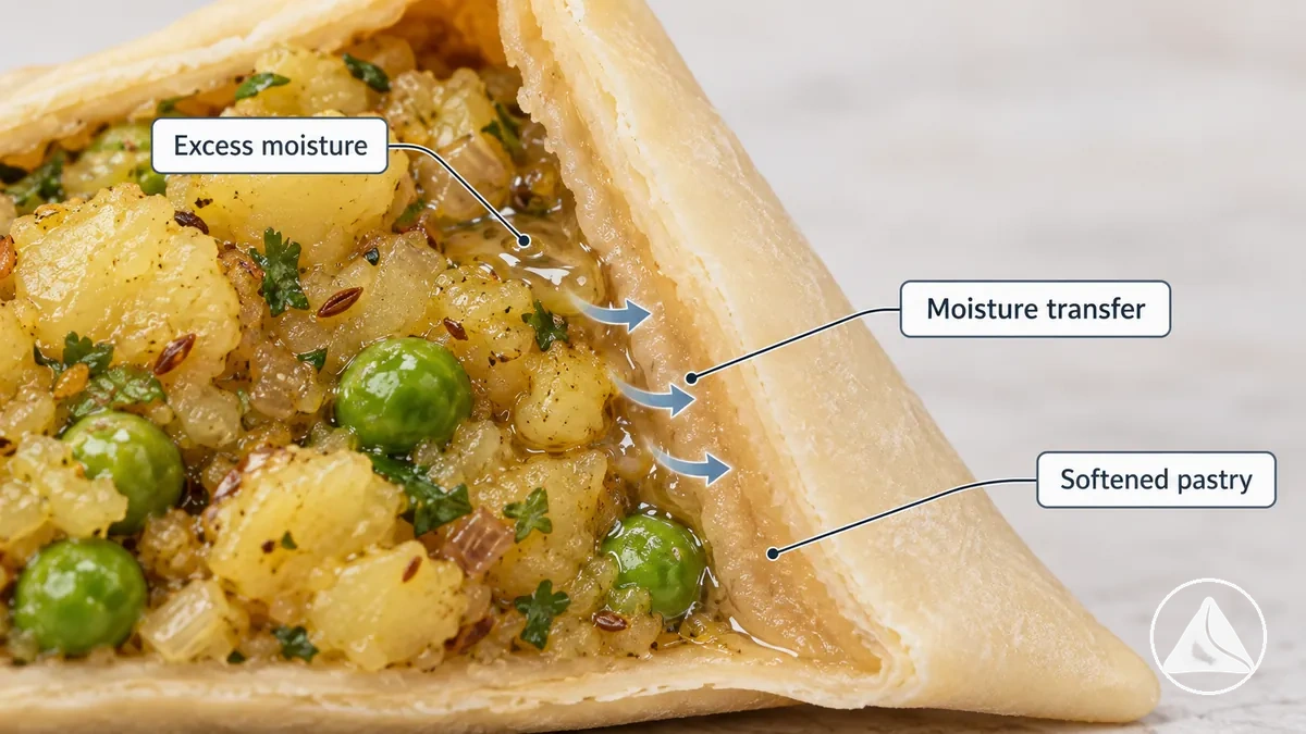 Illustration montrant l'excès d'humidité de la farce de samosa se transférant dans la pâte et ramollissant la zone en contact avec la farce