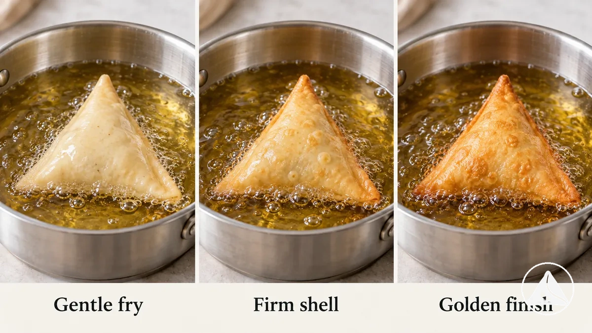Samosas montrés à travers les étapes de friture douce initiale, de coque ferme et de friture dorée.