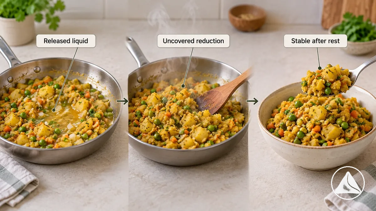 Étapes de réduction de l'humidité d'une farce de samosa, de la libération d'eau jusqu'à la vérification de la texture après repos
