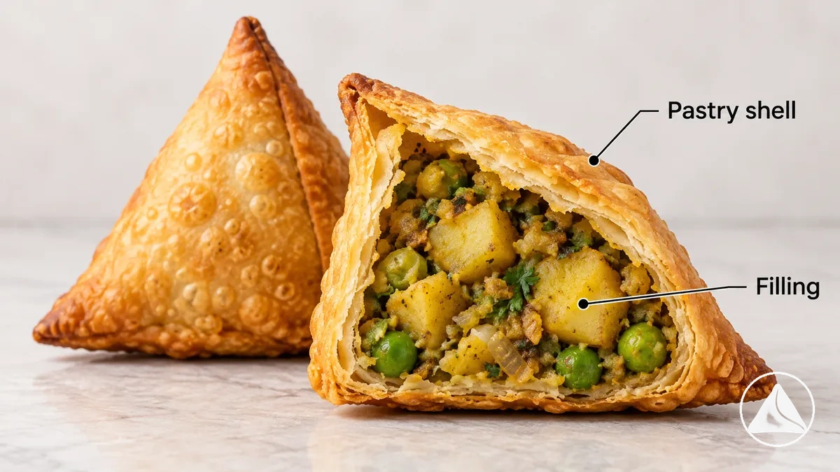 Samosa montrant son enveloppe de pâte et sa farce