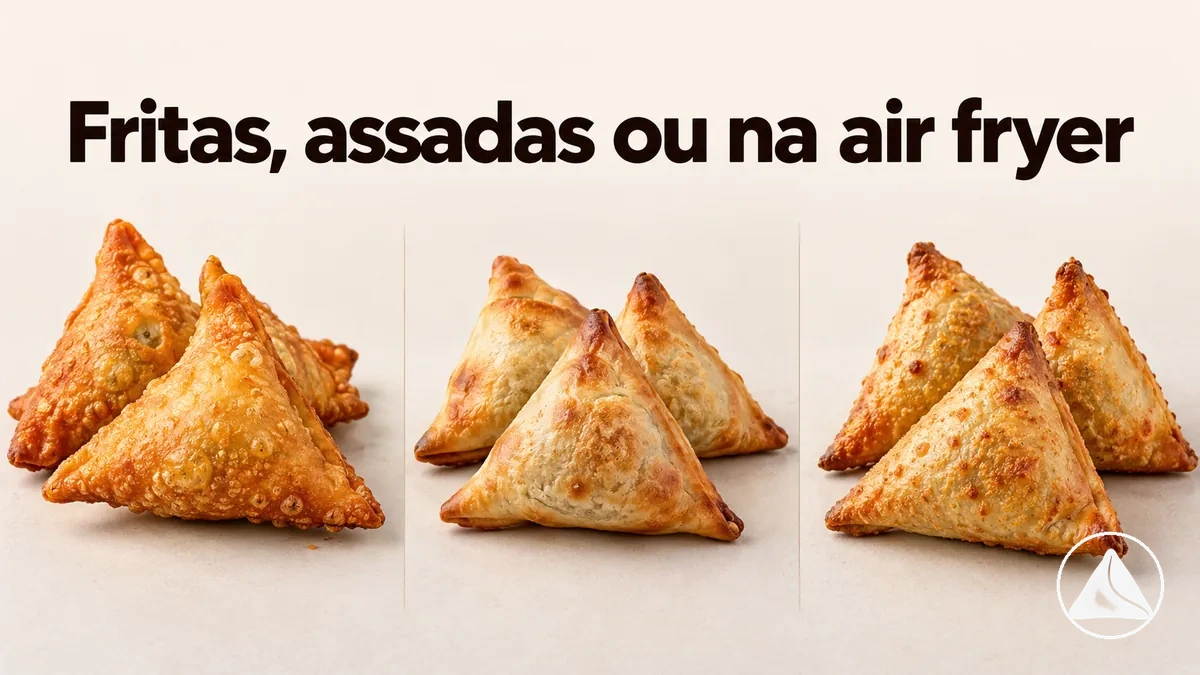 Samosas fritas, assadas e feitas na air fryer lado a lado