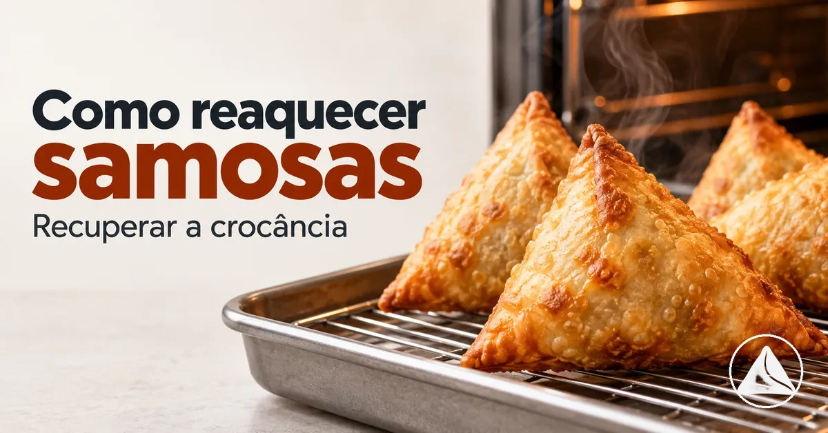 Samosas já preparadas sendo reaquecidas até a massa voltar a ficar crocante