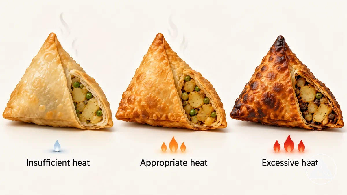 Massa de samosa sob diferentes condi&ccedil;&otilde;es de calor de fritura mostrando mudan&ccedil;as no ritmo de cozimento e na textura da superf&iacute;cie