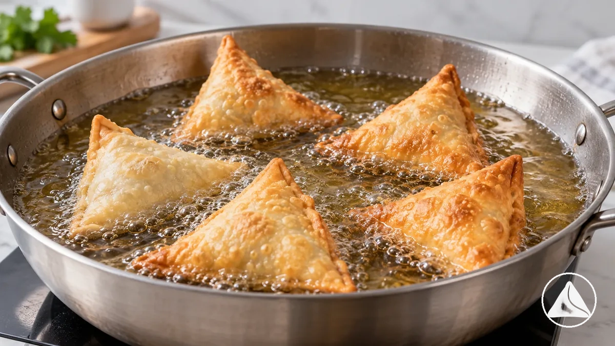 Samosas fritando em óleo enquanto a superfície da massa desenvolve cor e crocância.