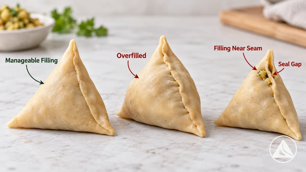 Samosas mostrando recheio controlado, pressão excessiva de recheio e uma emenda incompleta antes da fritura