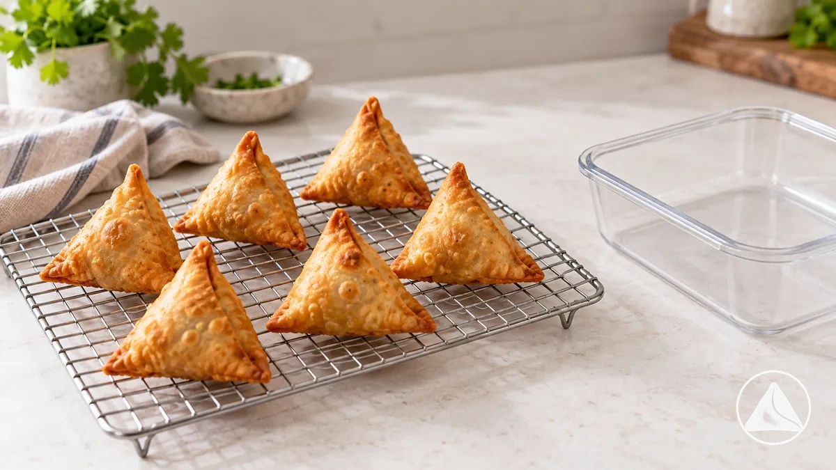 Samosas recém-cozidas espaçadas em camada única sobre uma grade aberta antes do armazenamento