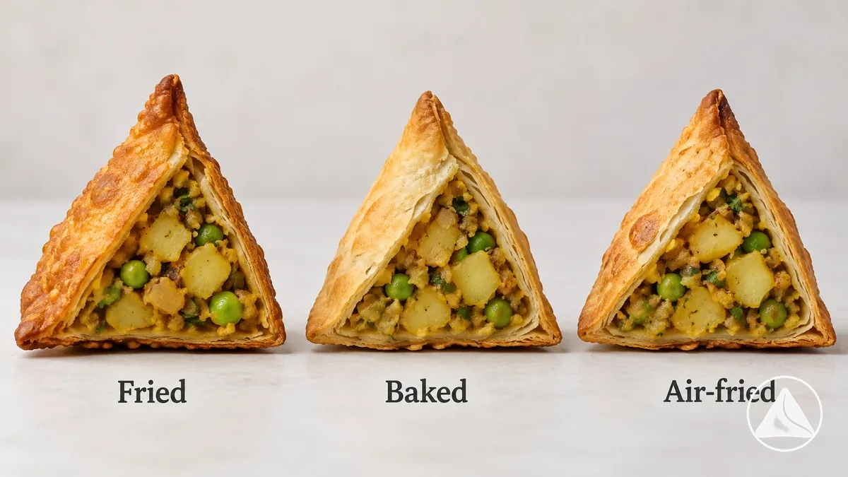 Samosas fritas, assadas e feitas na air fryer cortadas, mostrando crosta e recheio para comparação sensorial