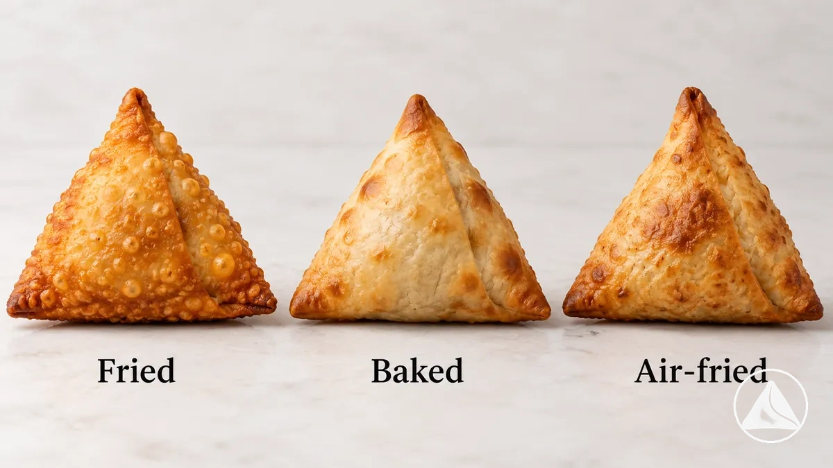 Aynı görüntüleme koşullarında karşılaştırılan kızartılmış, fırında pişirilmiş ve sıcak hava fritözünde pişirilmiş samosalar