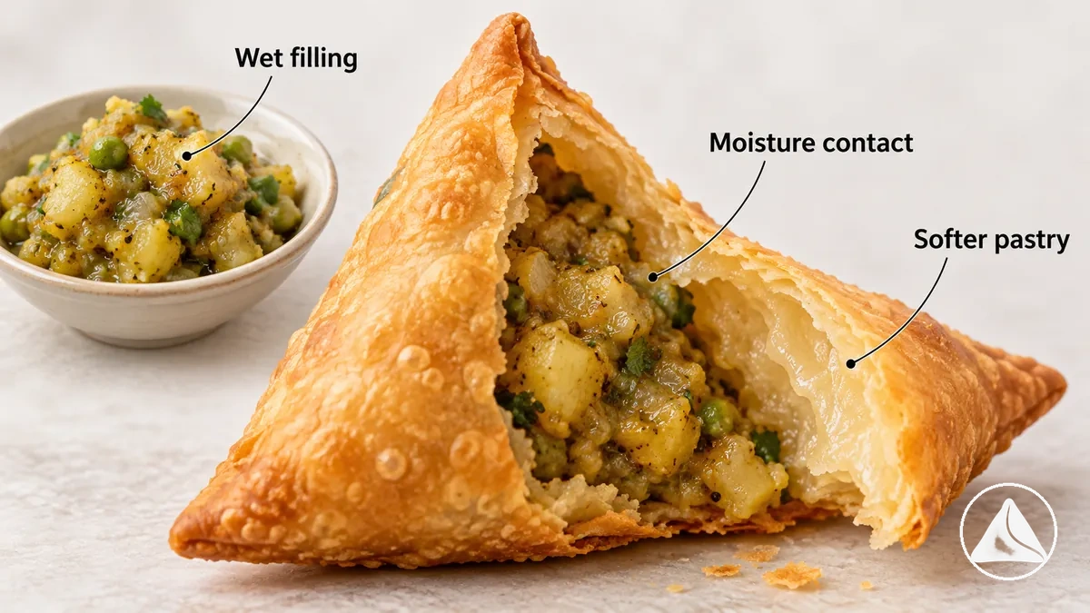 Nemli samosa iç harcı ve hamur, aşırı nemin kabuğu nerede yumuşatabileceğini gösteriyor.