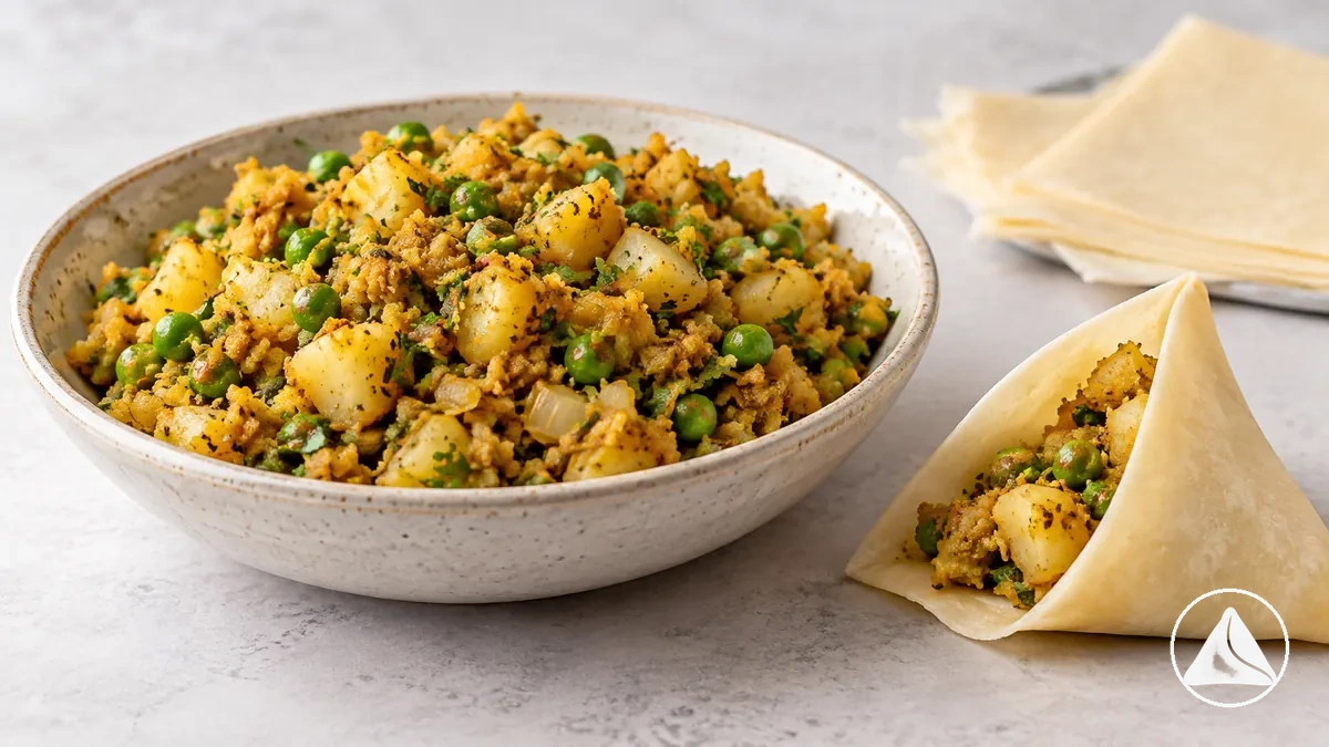 Hazırlanmış samosa iç harcının, açılmış hamur kabuğu yanındaki doku gösterimi